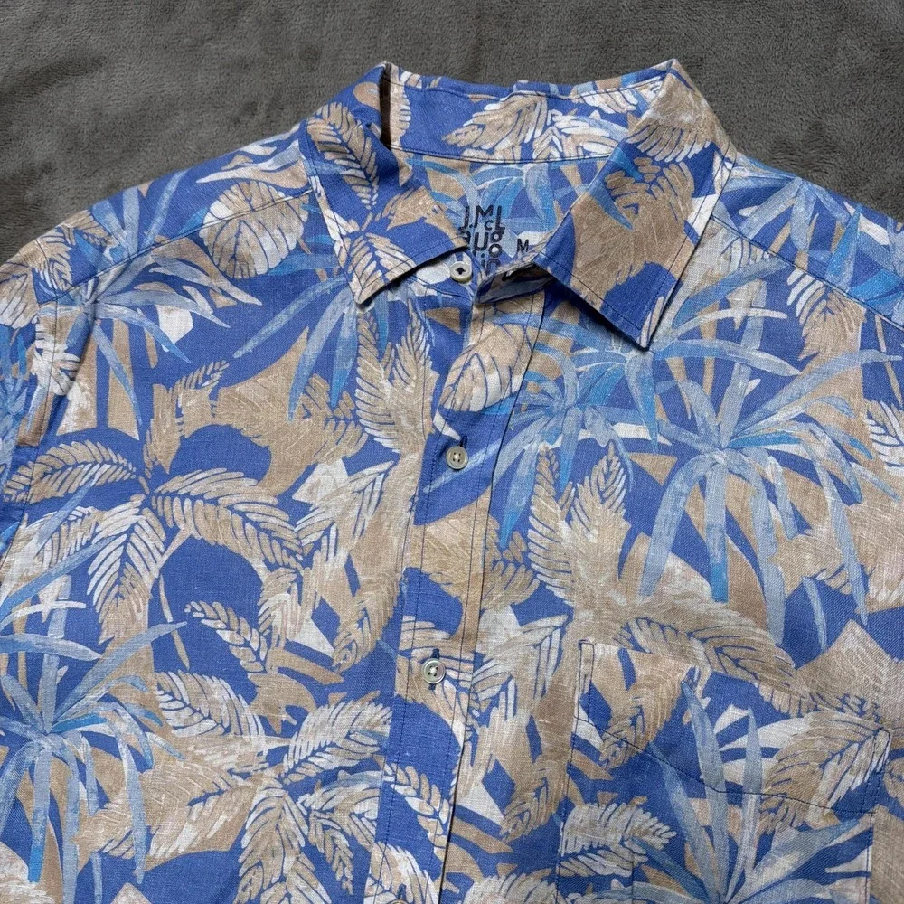 J. McLaughlin‎ Shirt Mens Medium Blue 100% Linen Hawaiian Palm Print Long Sleeve